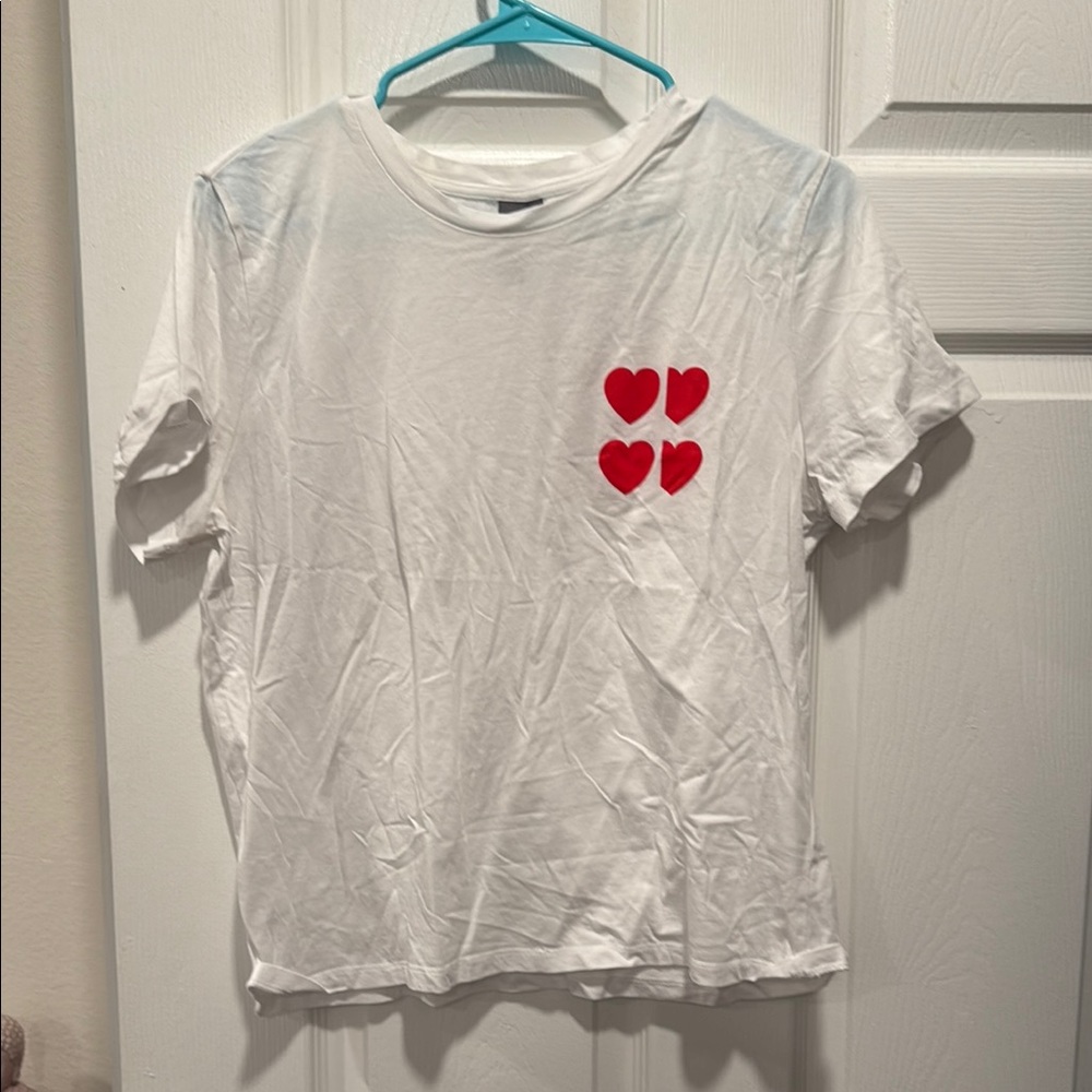 White Sweaty Betty T-Shirt with Red Heart Accents